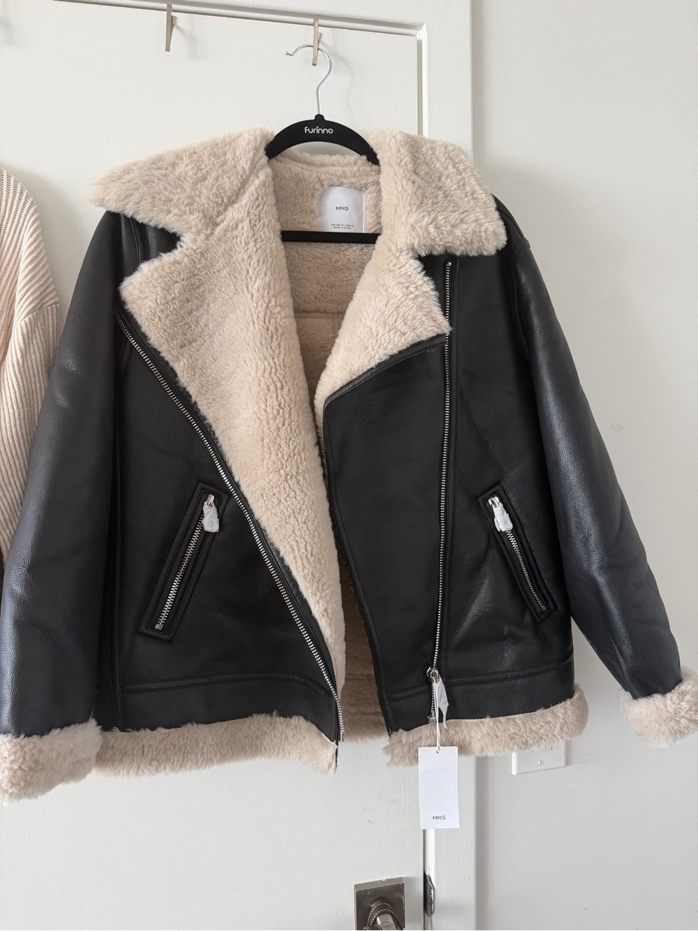 Mango Black Faux-Leather Jacket with Cream Shearling Trim